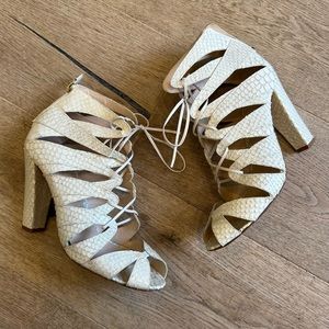 White snake genuine leather ankle strap heels
